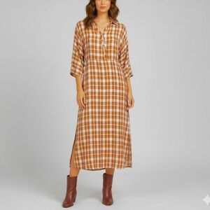 &Merci Dress Midi Caramel Brown Plaid Midi NWT S Preppy Cottagecore Boho Work